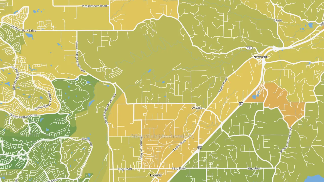 Map of the best neighborhoods in the Penryn area, with better matches in green and worse matches in red
