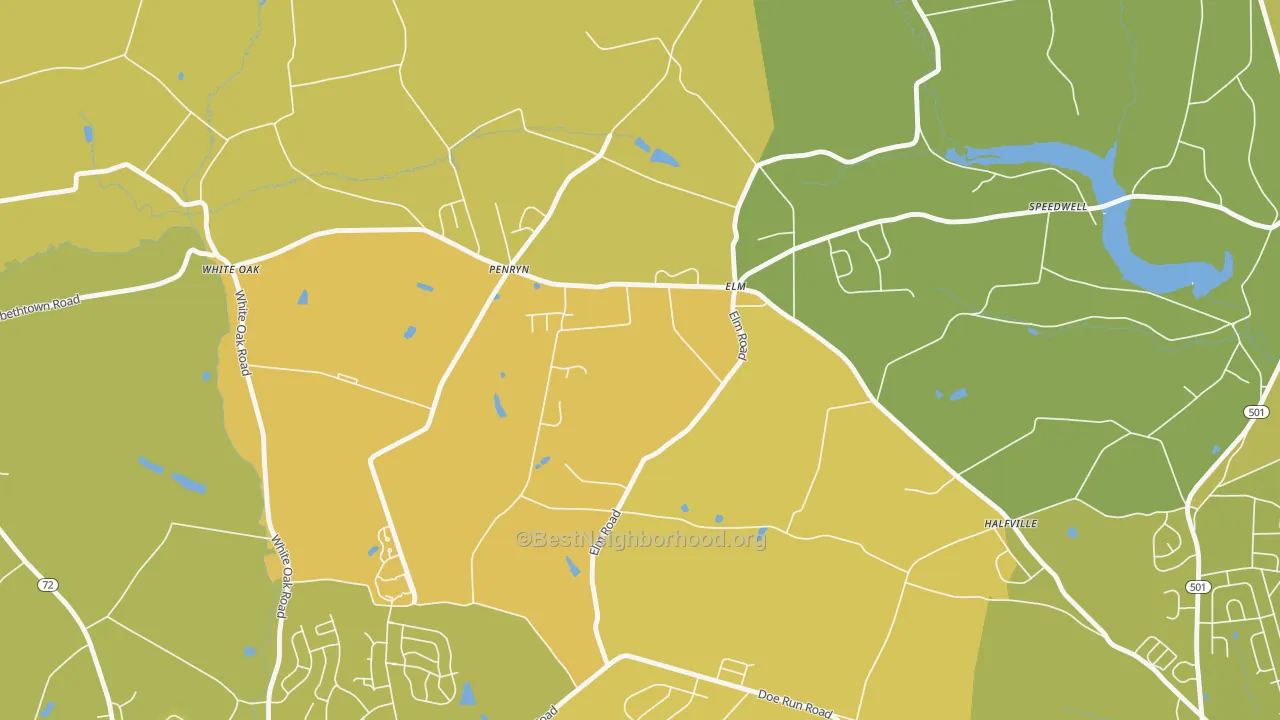 Map of the best neighborhoods in the Penryn area, with better matches in green and worse matches in red