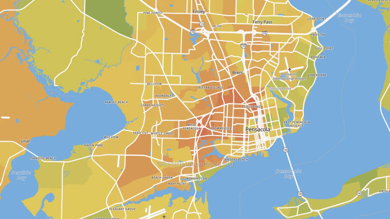 Map of the best neighborhoods in the Pensacola Metro area, with better matches in green and worse matches in red