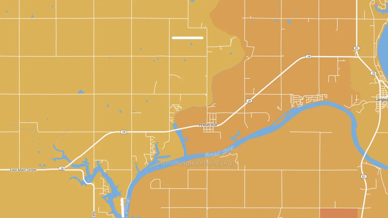Map of the best neighborhoods in the Pensacola area, with better matches in green and worse matches in red