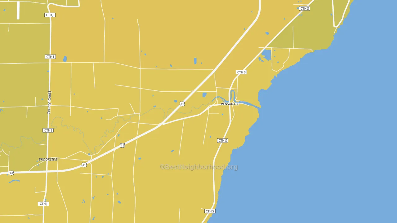 Map of the best neighborhoods in the Pensaukee area, with better matches in green and worse matches in red
