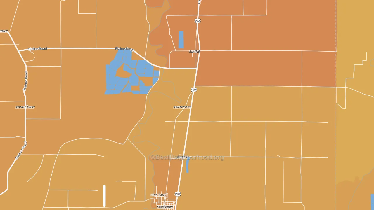 Map of the best neighborhoods in the Pentecost area, with better matches in green and worse matches in red