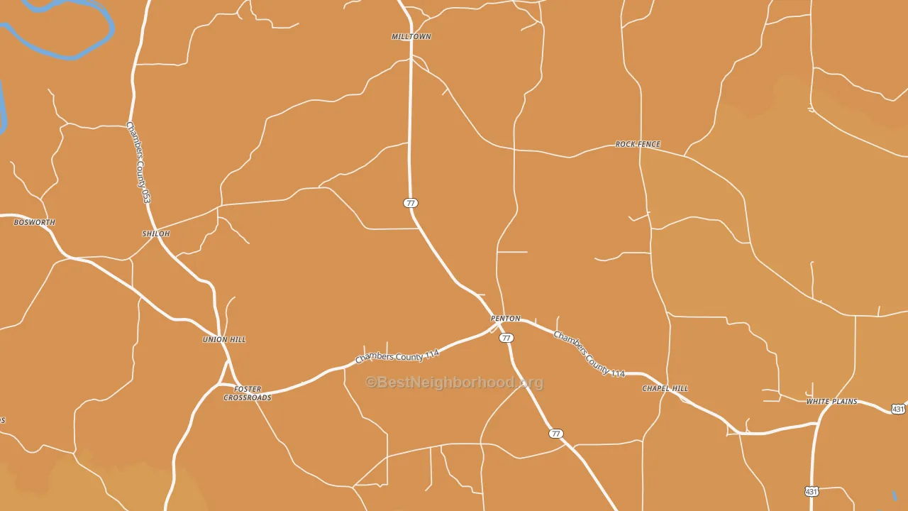 Map of the best neighborhoods in the Penton area, with better matches in green and worse matches in red