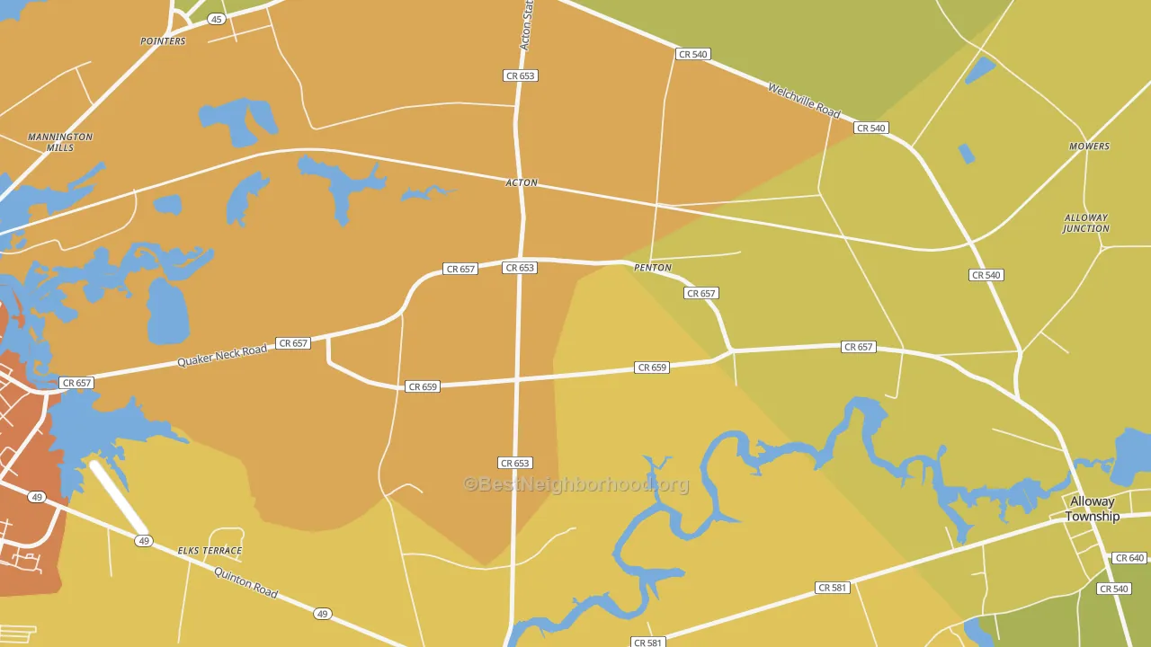 Map of the best neighborhoods in the Penton area, with better matches in green and worse matches in red