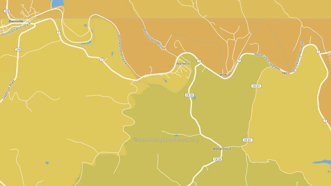 Map of the best neighborhoods in the Pentress area, with better matches in green and worse matches in red