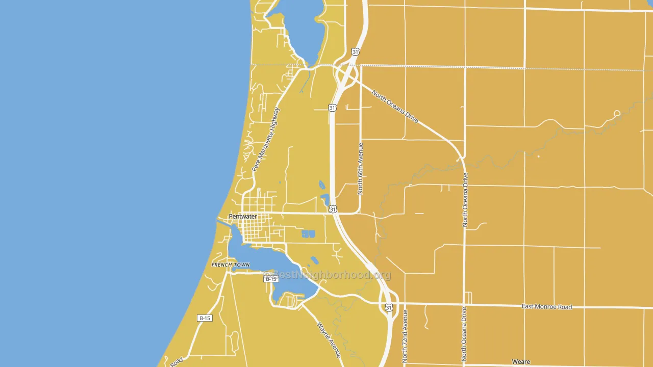Map of the best neighborhoods in the Pentwater area, with better matches in green and worse matches in red