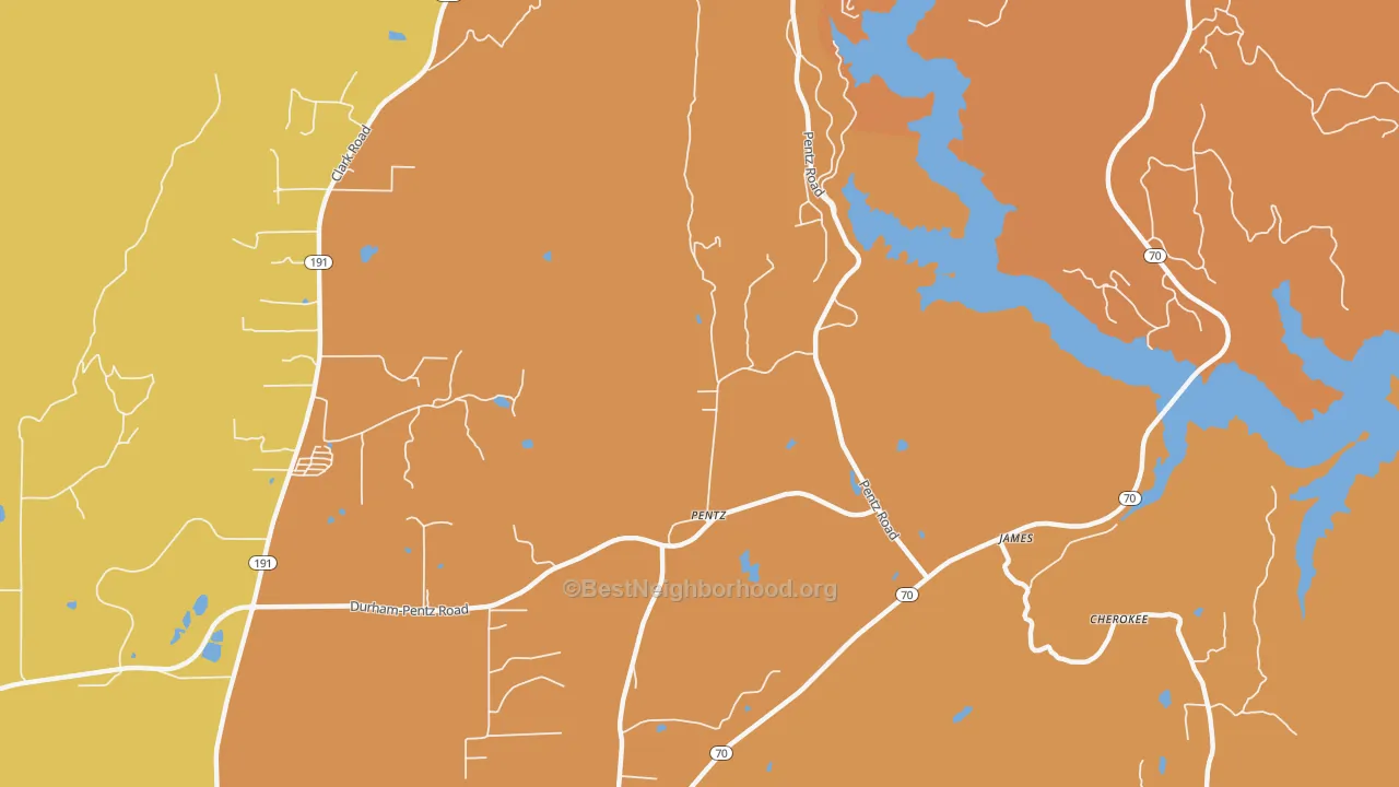 Map of the best neighborhoods in the Pentz area, with better matches in green and worse matches in red