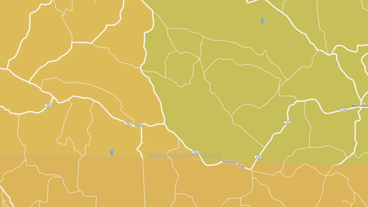 Map of the best neighborhoods in the Peoli area, with better matches in green and worse matches in red