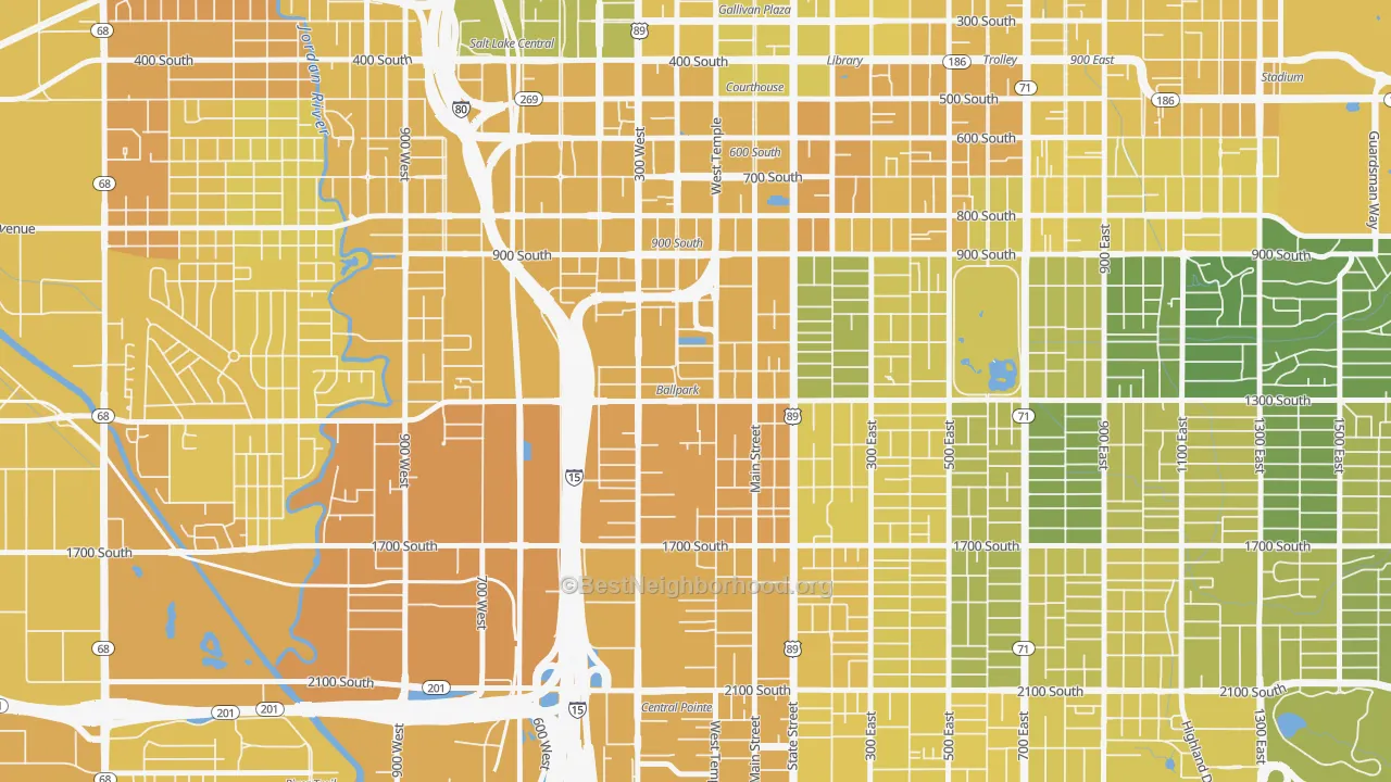 Map of the best neighborhoods in the People's Freeway, Salt Lake City area, with better matches in green and worse matches in red
