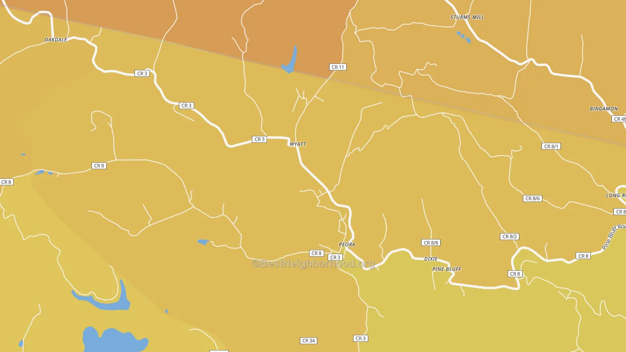 Map of the best neighborhoods in the Peora area, with better matches in green and worse matches in red