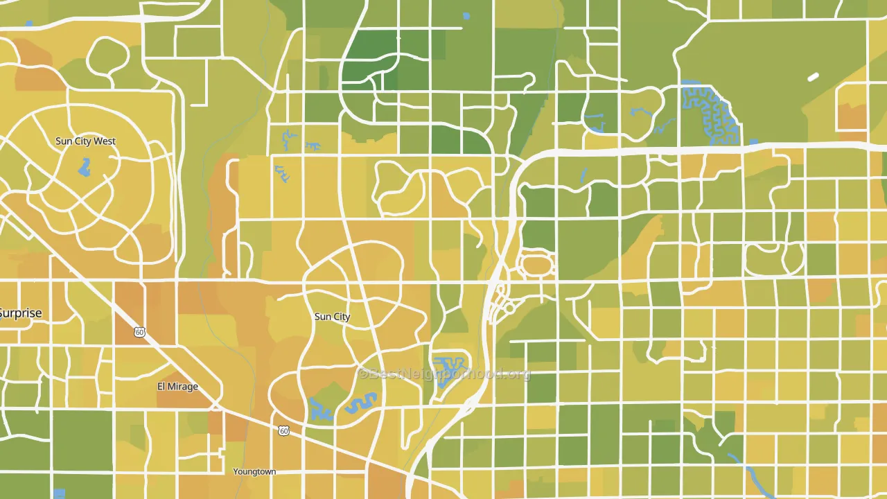 Map of the best neighborhoods in the Peoria area, with better matches in green and worse matches in red
