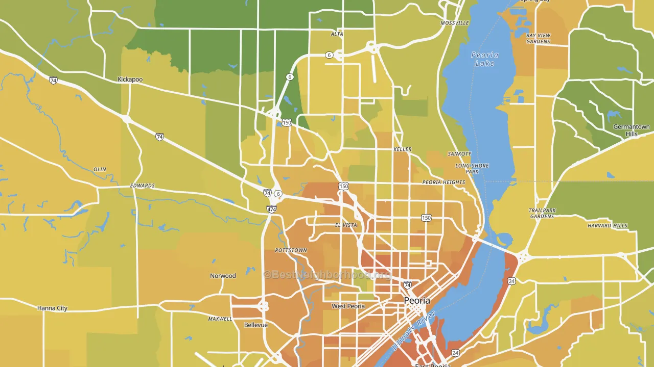 Map of the best neighborhoods in the Peoria County area, with better matches in green and worse matches in red