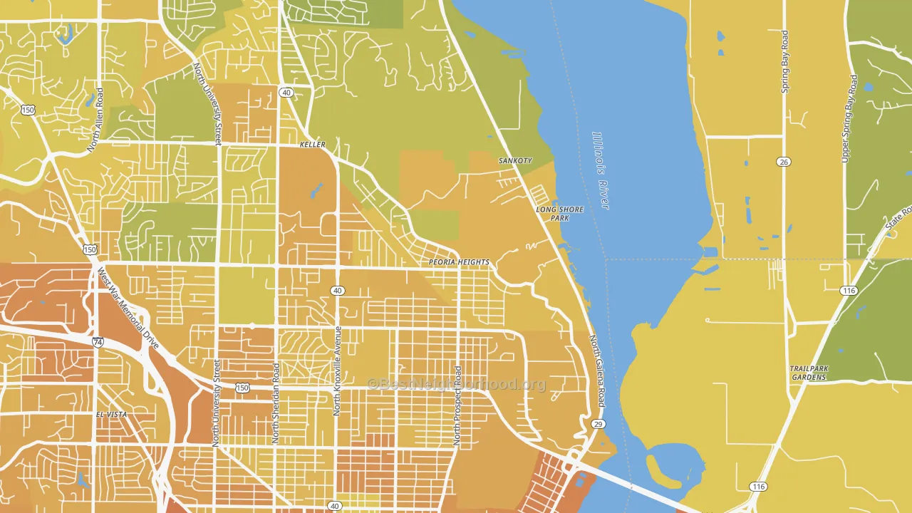 Map of the best neighborhoods in the Peoria Heights area, with better matches in green and worse matches in red