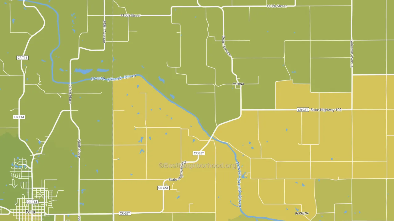 Map of the best neighborhoods in the Peoria area, with better matches in green and worse matches in red