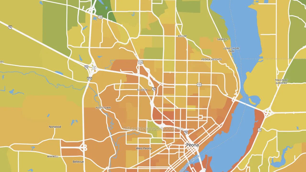 Map of the best neighborhoods in the Peoria Metro area, with better matches in green and worse matches in red