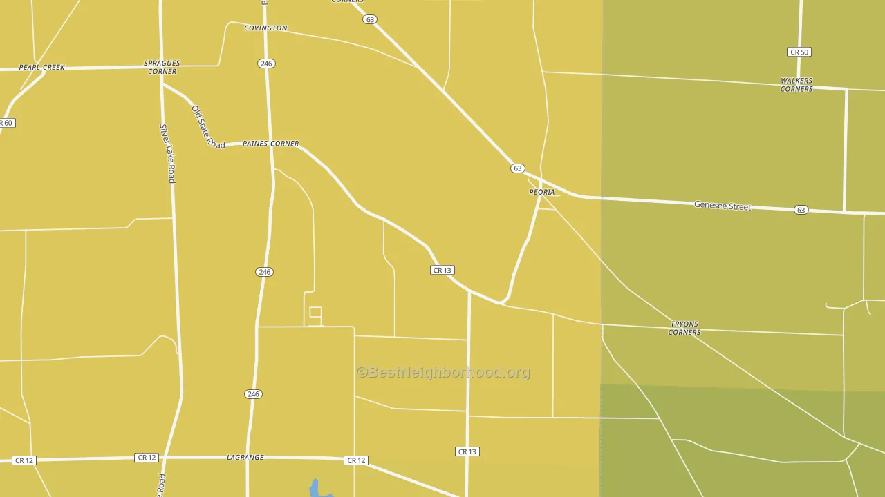 Map of the best neighborhoods in the Peoria area, with better matches in green and worse matches in red