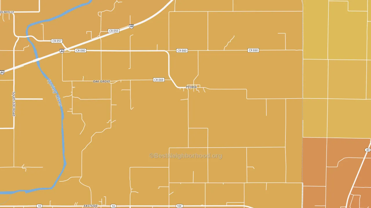 Map of the best neighborhoods in the Peoria area, with better matches in green and worse matches in red