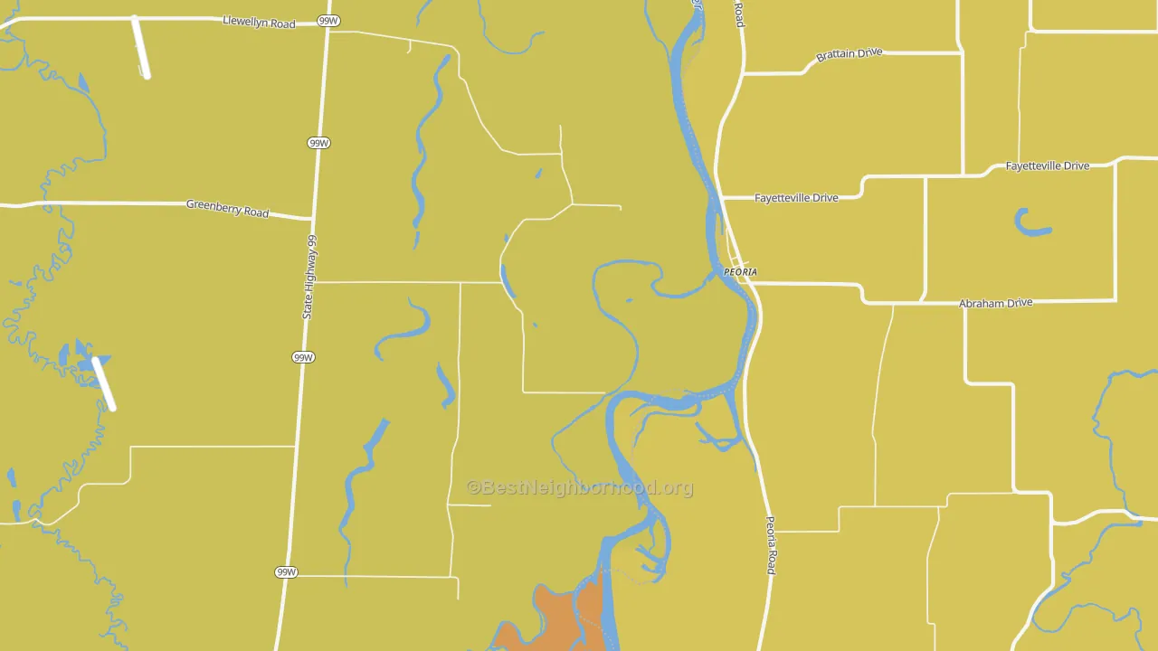 Map of the best neighborhoods in the Peoria area, with better matches in green and worse matches in red