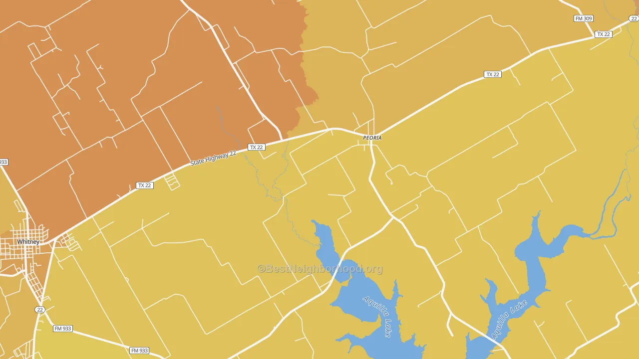 Map of the best neighborhoods in the Peoria area, with better matches in green and worse matches in red
