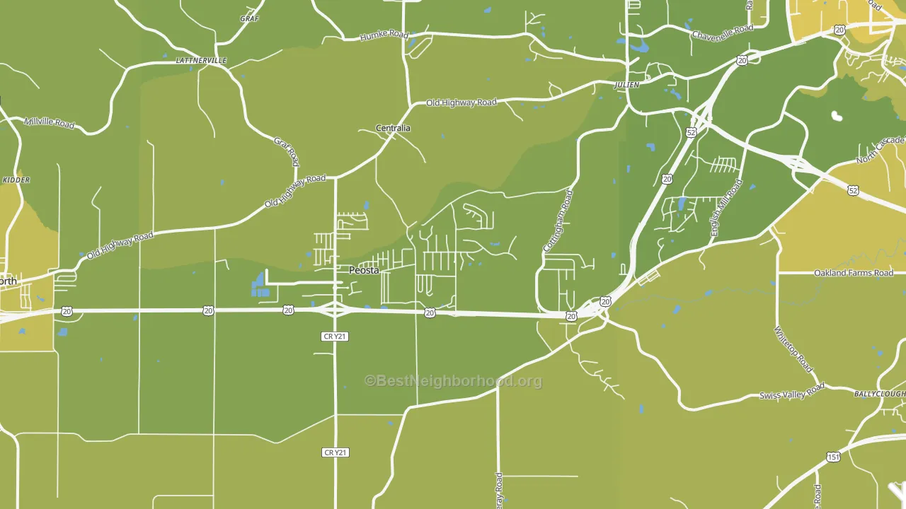 Map of the best neighborhoods in the Peosta area, with better matches in green and worse matches in red