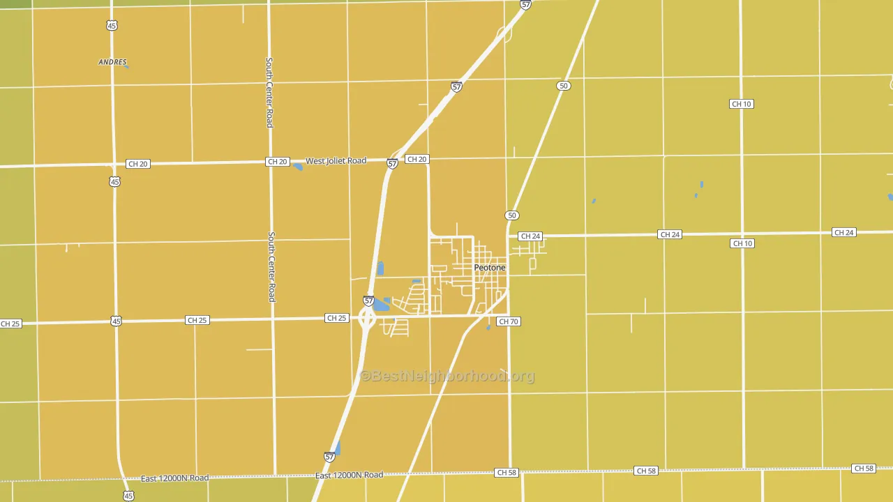Map of the best neighborhoods in the Peotone area, with better matches in green and worse matches in red