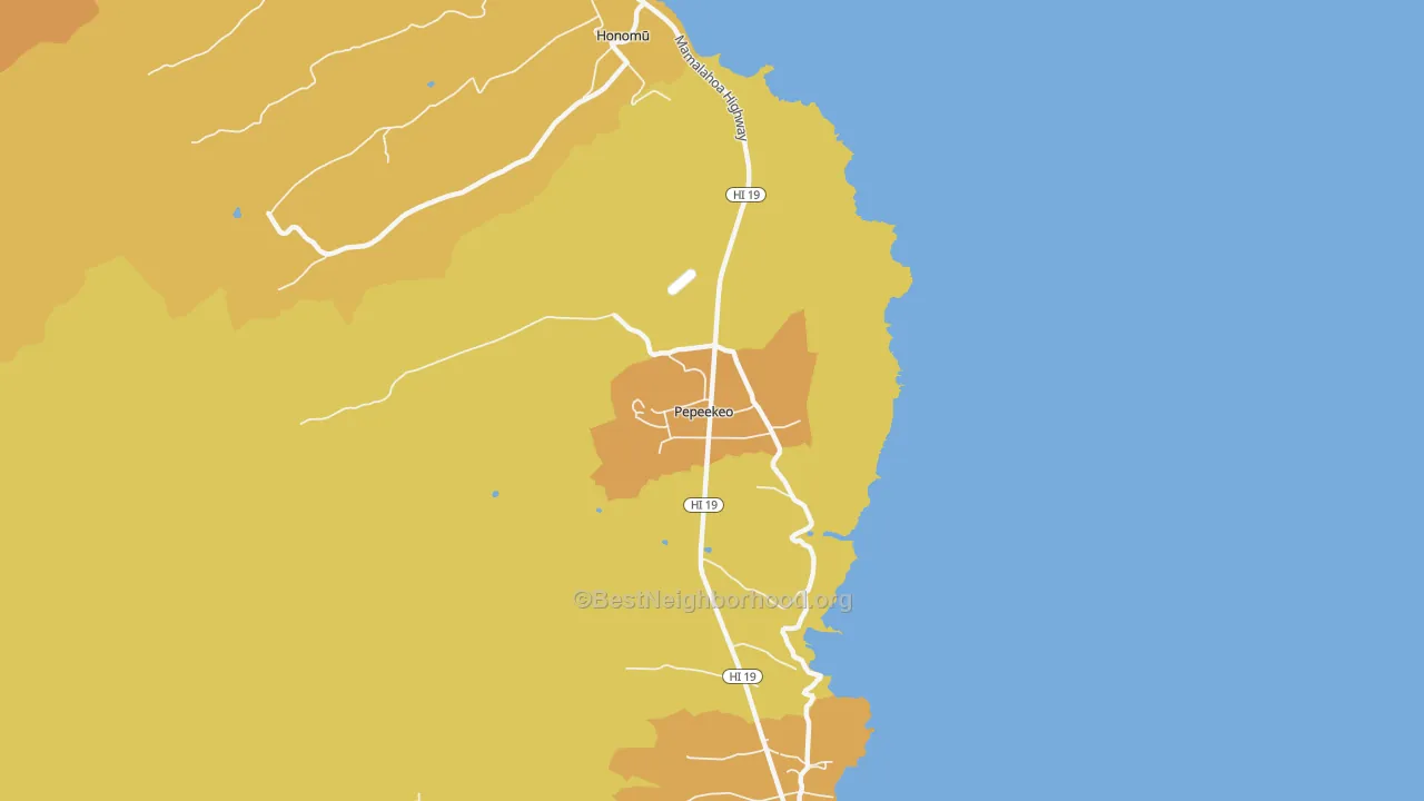 Map of the best neighborhoods in the Pepeekeo area, with better matches in green and worse matches in red