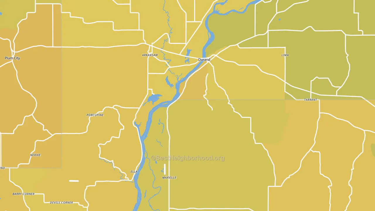 Map of the best neighborhoods in the Pepin County area, with better matches in green and worse matches in red