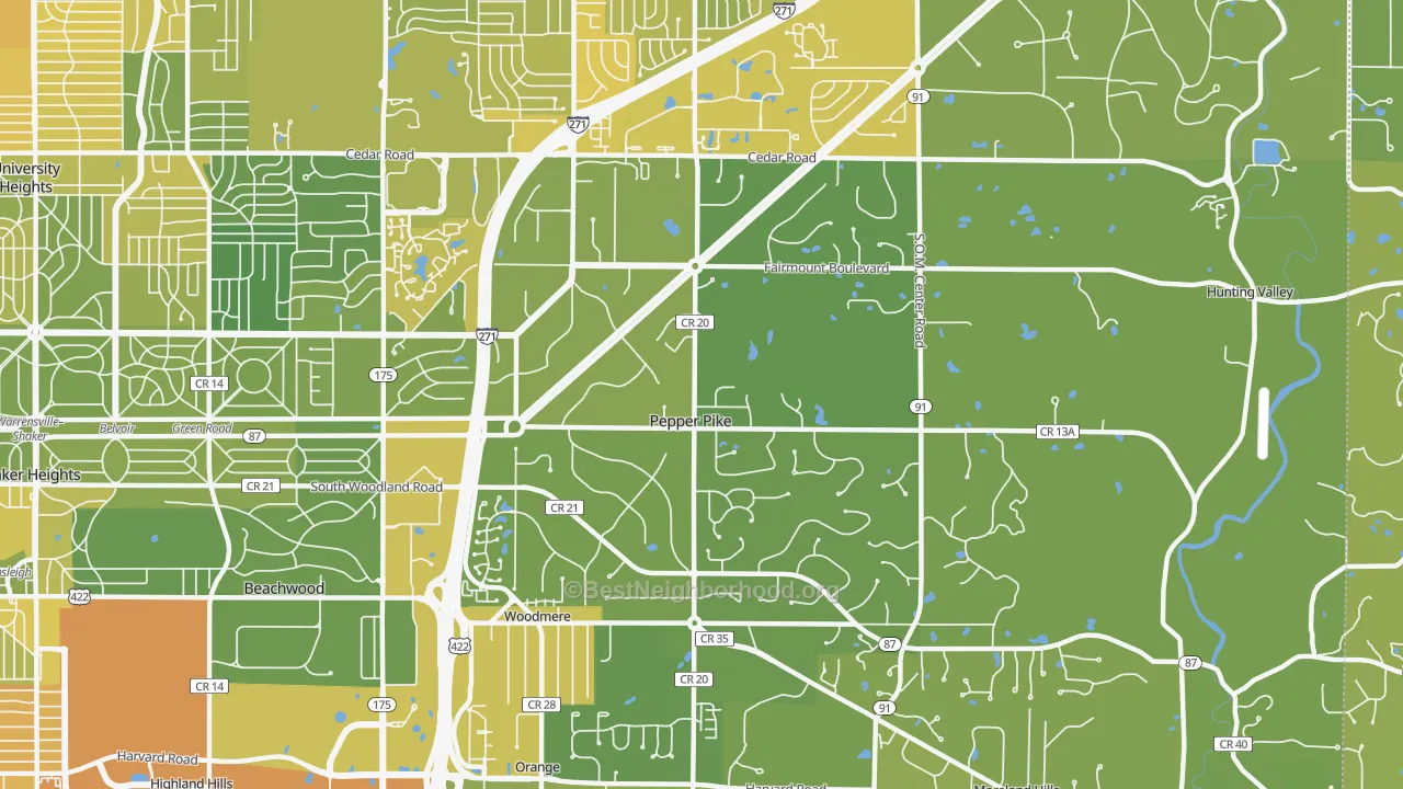 Map of the best neighborhoods in the Pepper Pike area, with better matches in green and worse matches in red