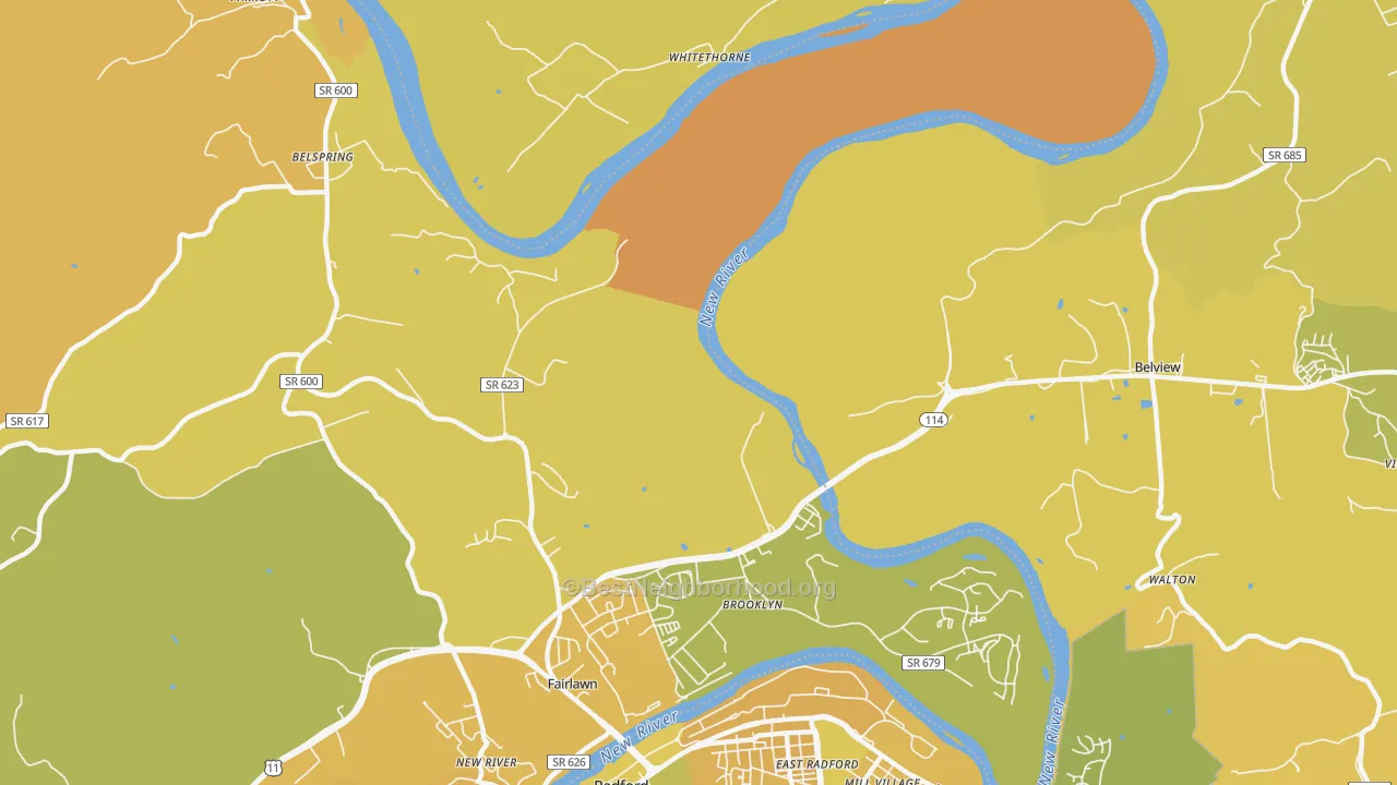 Map of the best neighborhoods in the Pepper area, with better matches in green and worse matches in red