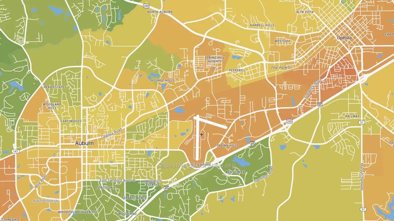 Map of the best neighborhoods in the Pepperell area, with better matches in green and worse matches in red