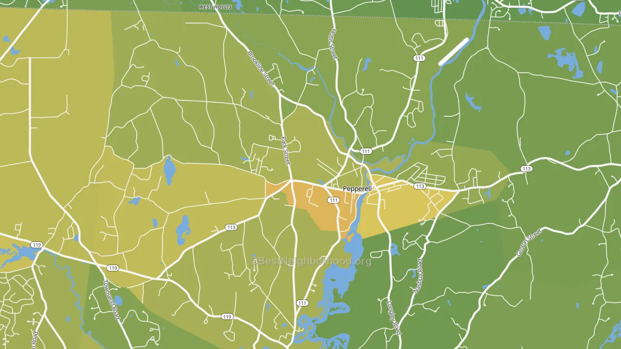 Map of the best neighborhoods in the Pepperell area, with better matches in green and worse matches in red