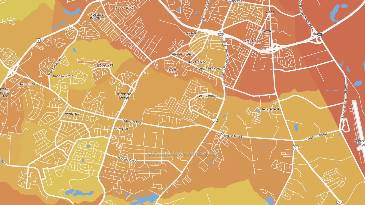 Map of the best neighborhoods in the Pepperidge, Augusta area, with better matches in green and worse matches in red