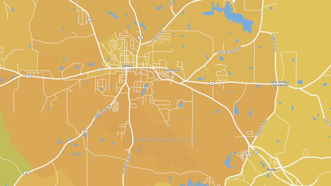 Map of the best neighborhoods in the Pepperton area, with better matches in green and worse matches in red