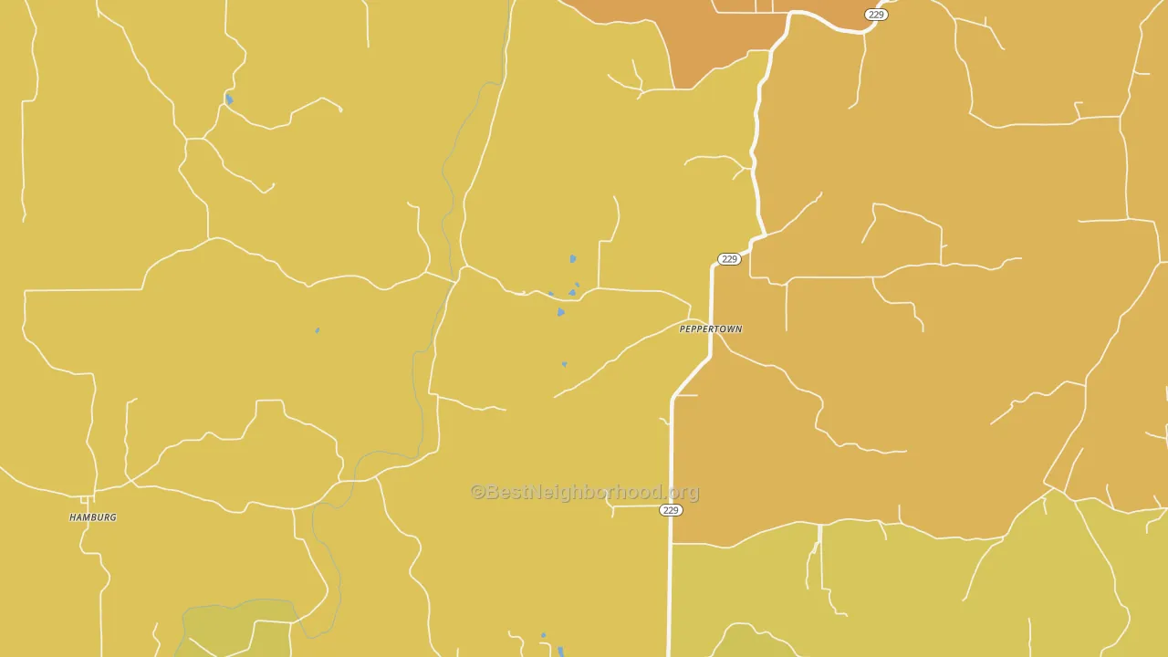 Map of the best neighborhoods in the Peppertown area, with better matches in green and worse matches in red