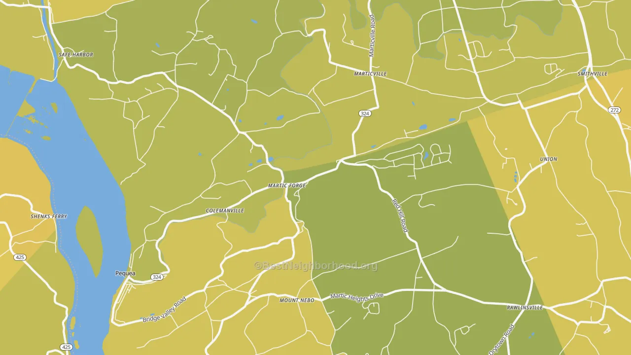 Map of the best neighborhoods in the Pequea area, with better matches in green and worse matches in red