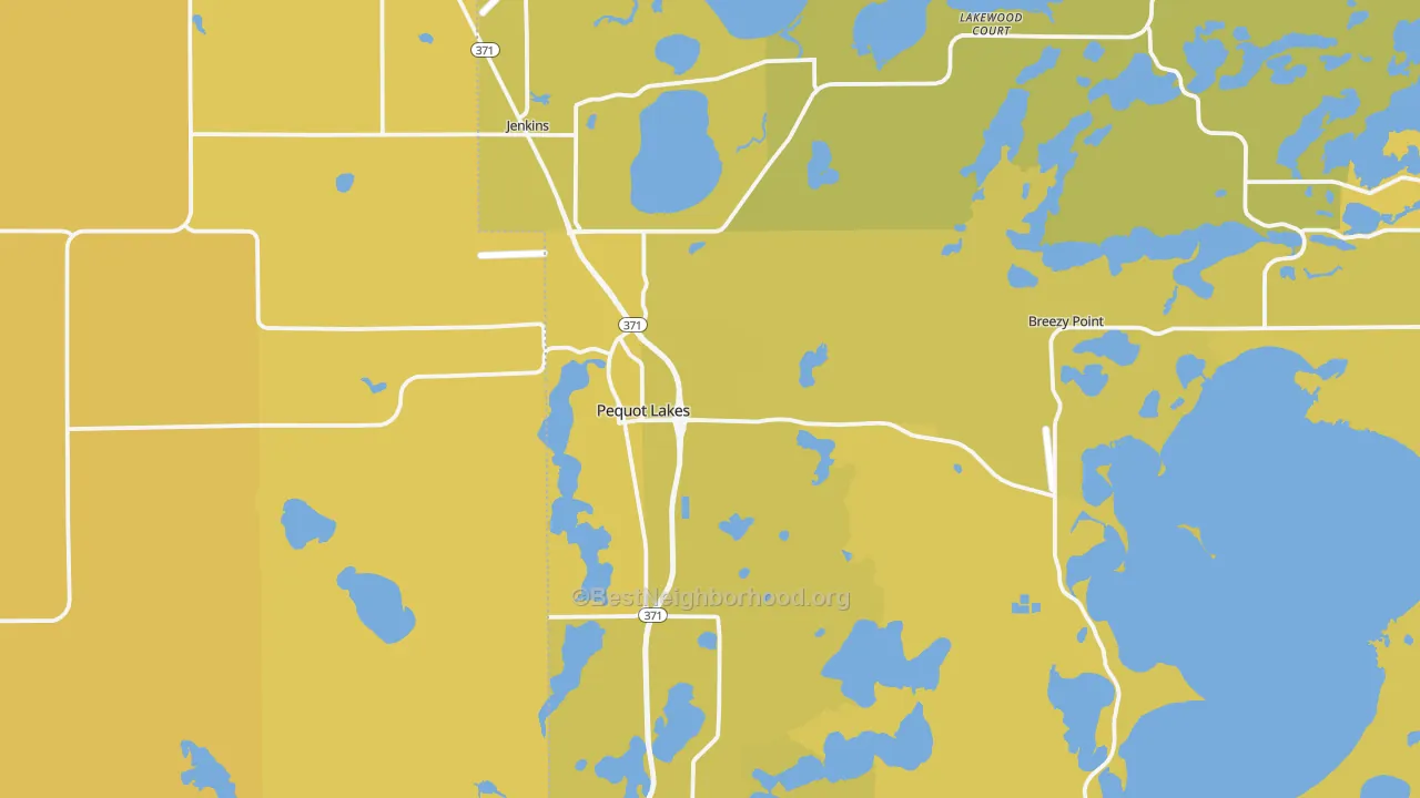 Map of the best neighborhoods in the Pequot Lakes area, with better matches in green and worse matches in red