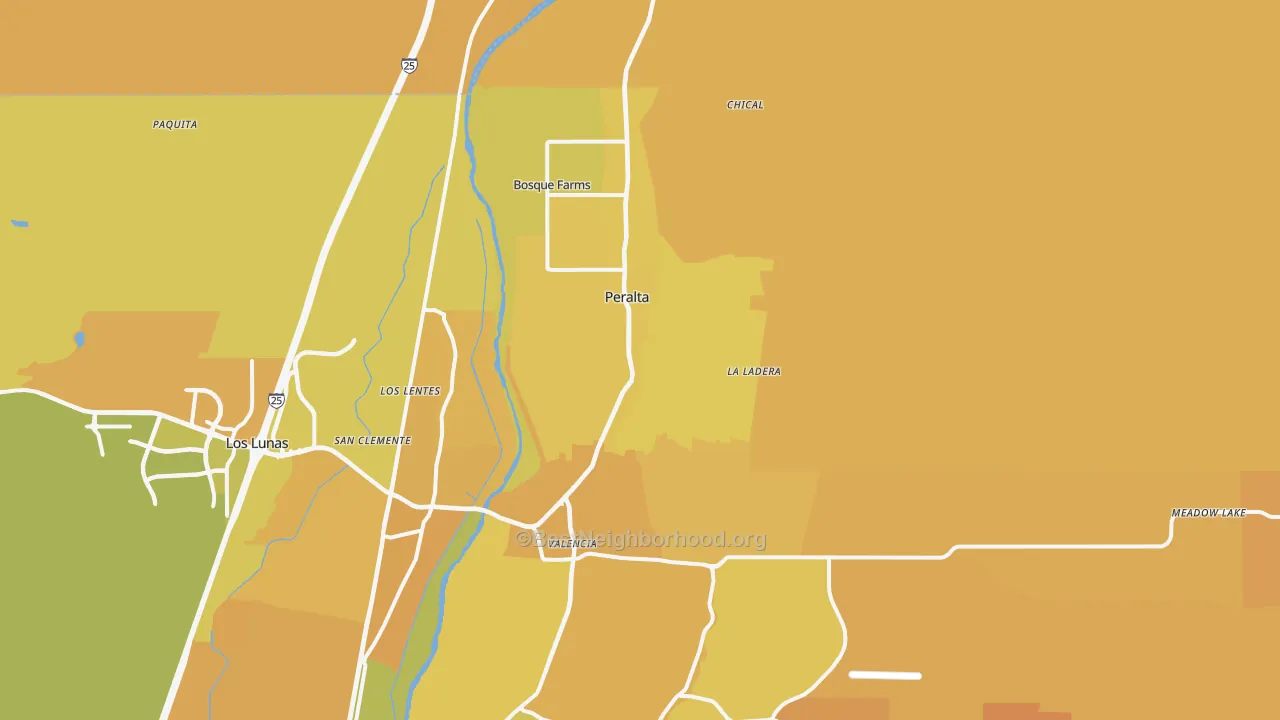 Map of the best neighborhoods in the Peralta area, with better matches in green and worse matches in red
