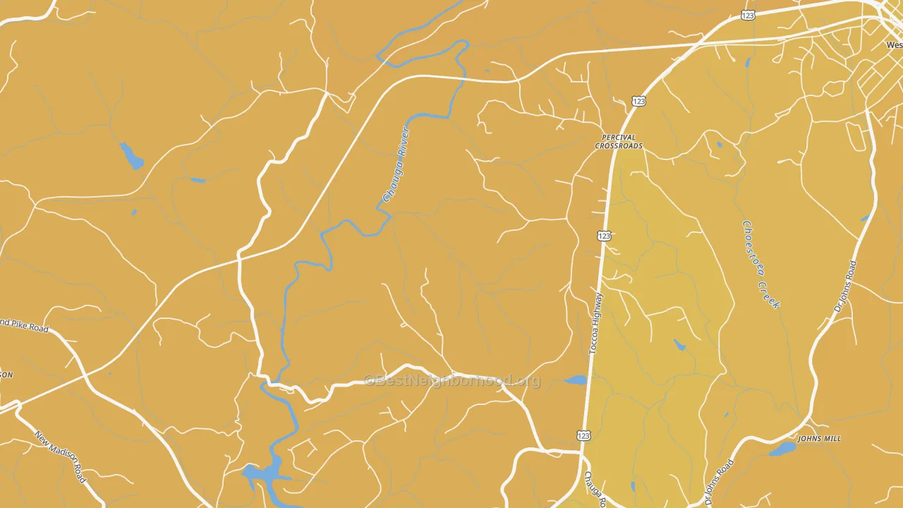 Map of the best neighborhoods in the Percival Crossroads area, with better matches in green and worse matches in red