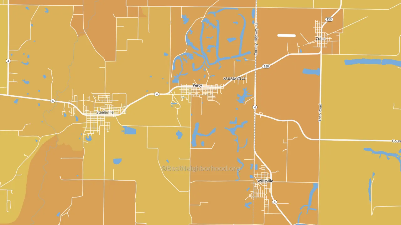 Map of the best neighborhoods in the Percy area, with better matches in green and worse matches in red