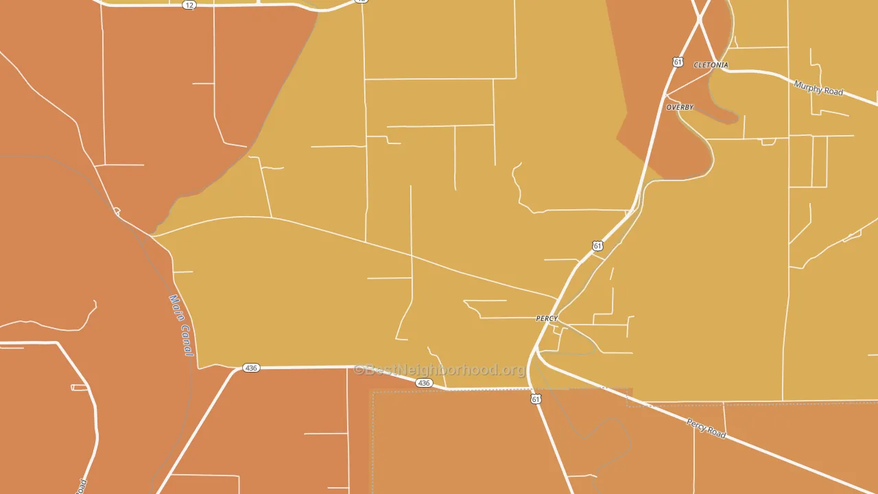 Map of the best neighborhoods in the Percy area, with better matches in green and worse matches in red