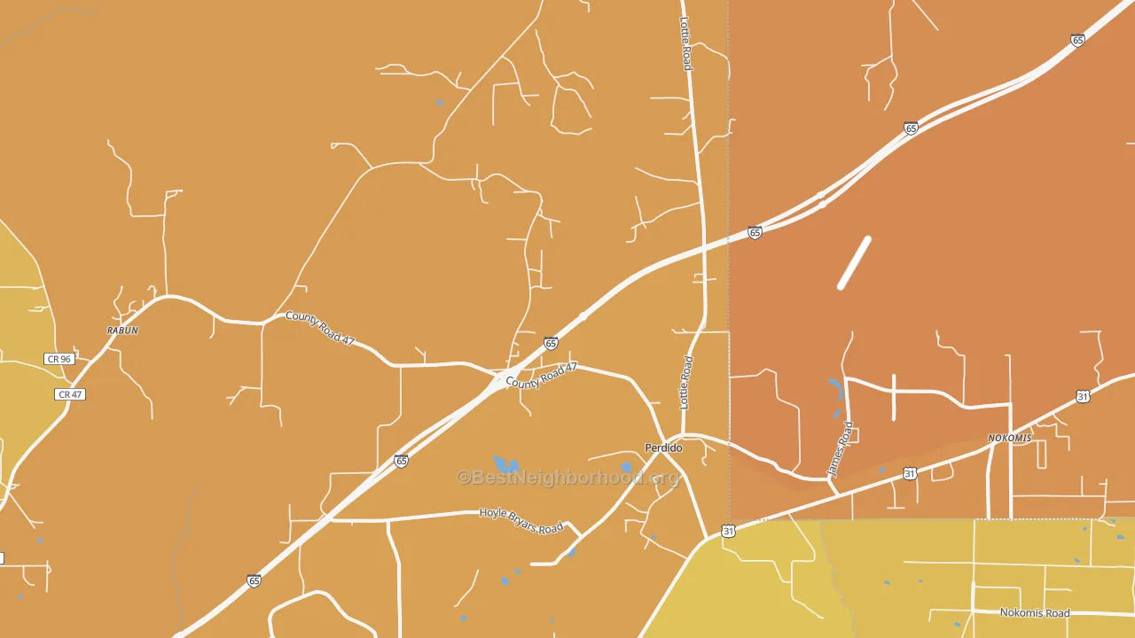 Map of the best neighborhoods in the Perdido area, with better matches in green and worse matches in red