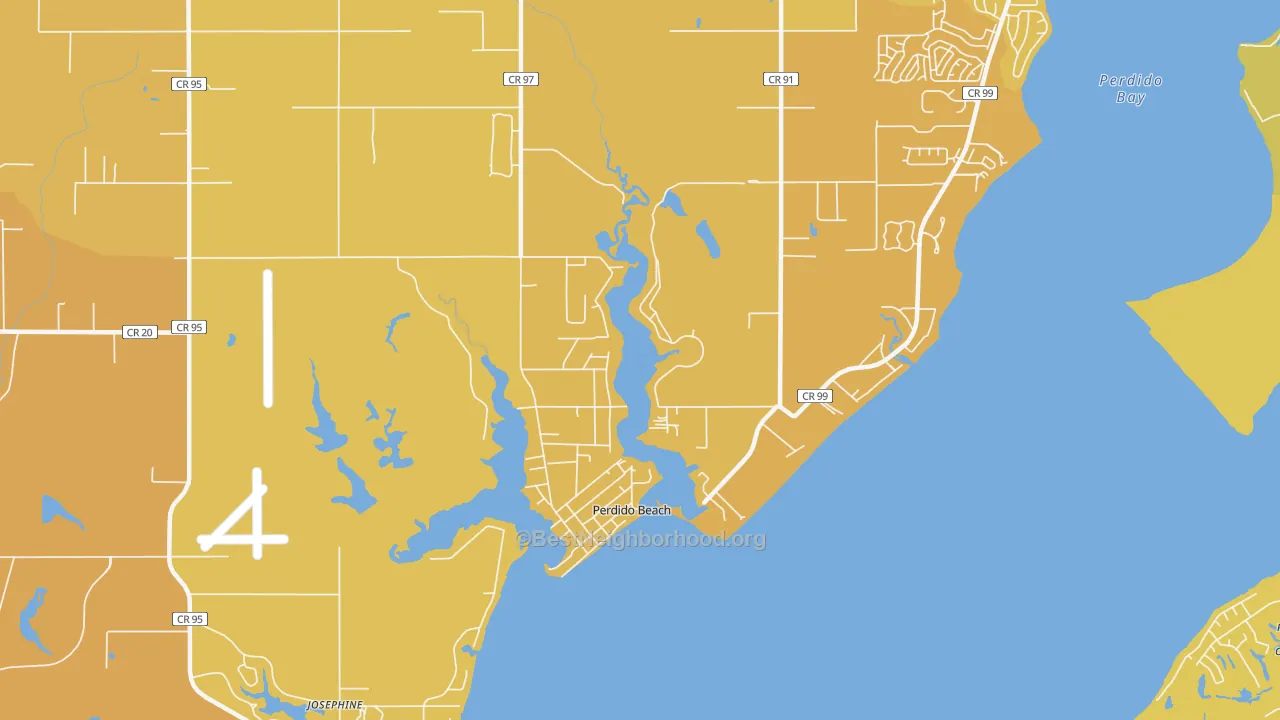 Map of the best neighborhoods in the Perdido Beach area, with better matches in green and worse matches in red