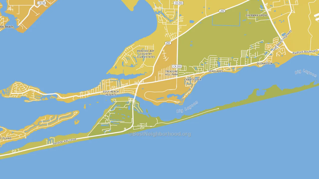 Map of the best neighborhoods in the Perdido Key area, with better matches in green and worse matches in red