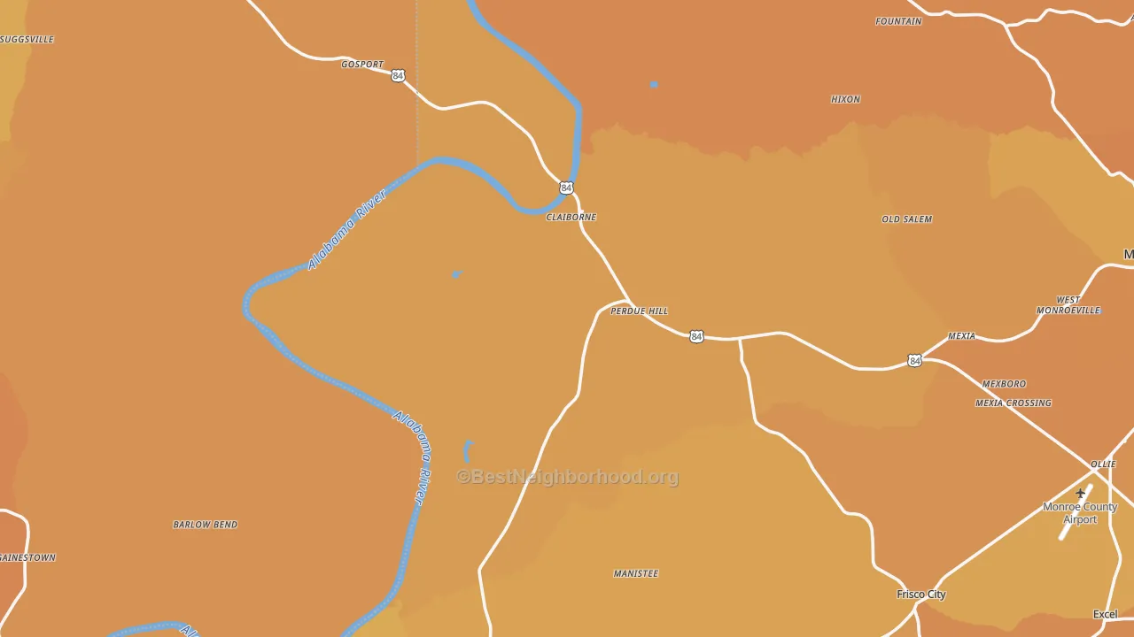 Map of the best neighborhoods in the Perdue Hill area, with better matches in green and worse matches in red
