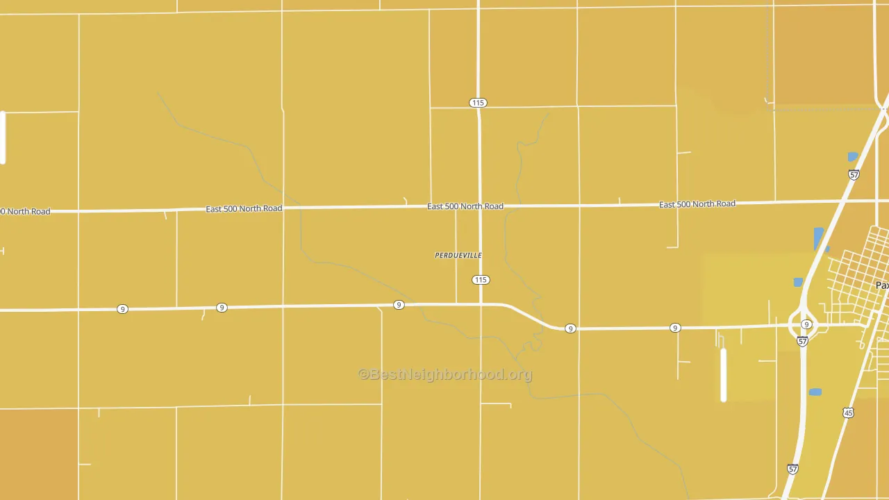 Map of the best neighborhoods in the Perdueville area, with better matches in green and worse matches in red