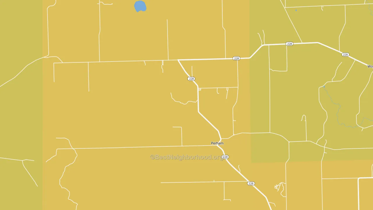 Map of the best neighborhoods in the Perham area, with better matches in green and worse matches in red
