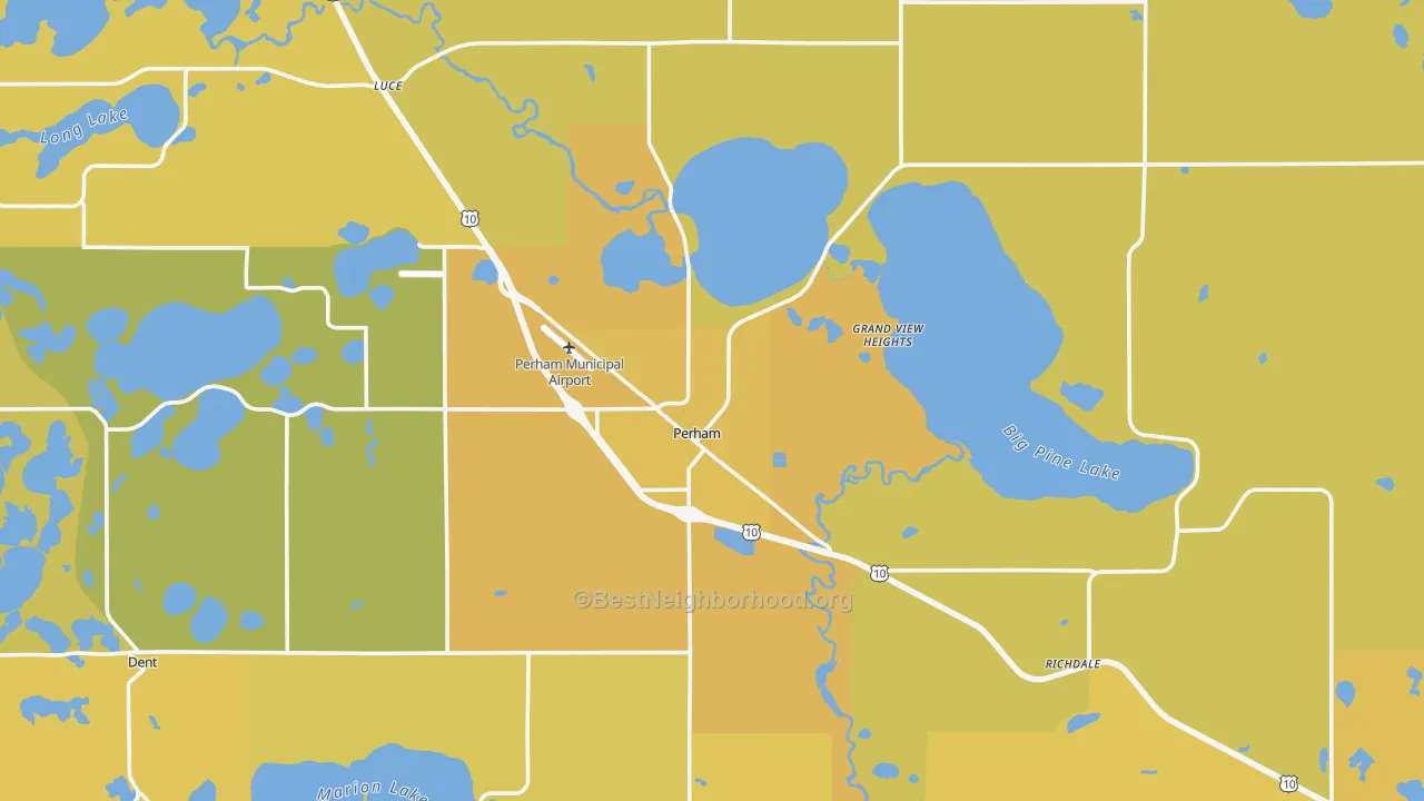 Map of the best neighborhoods in the Perham area, with better matches in green and worse matches in red