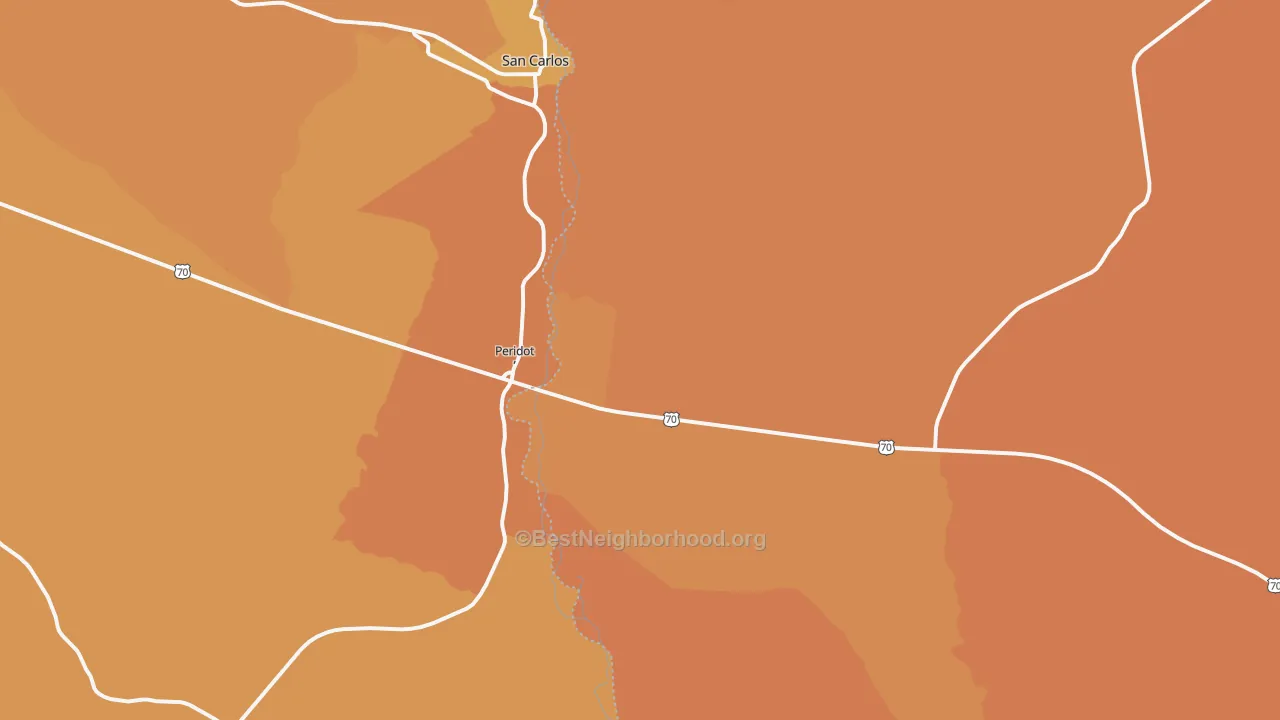 Map of the best neighborhoods in the Peridot area, with better matches in green and worse matches in red