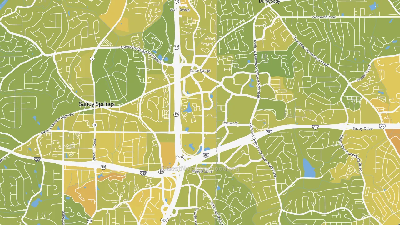 Map of the best neighborhoods in the Perimeter Center, Sandy Springs area, with better matches in green and worse matches in red