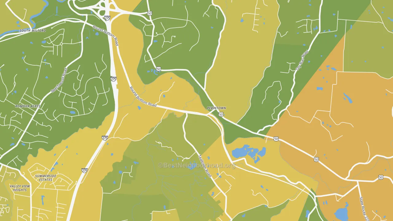 Map of the best neighborhoods in the Perintown area, with better matches in green and worse matches in red
